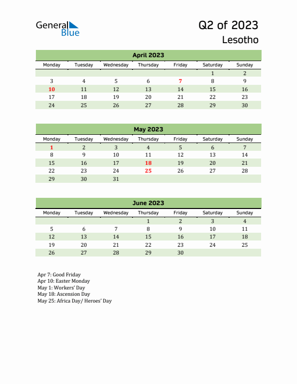 Quarterly Calendar 2023 with Lesotho Holidays