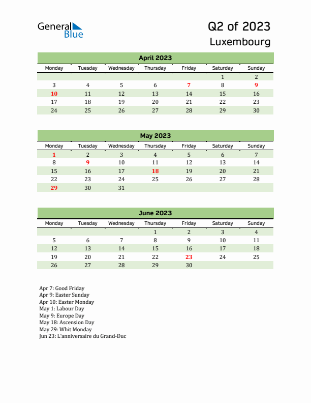 Quarterly Calendar 2023 with Luxembourg Holidays