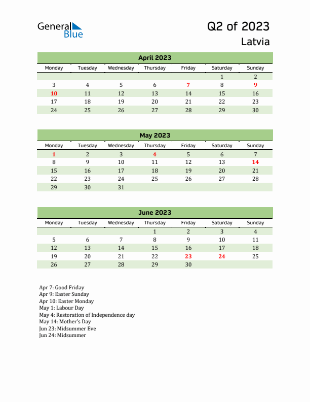 Quarterly Calendar 2023 with Latvia Holidays