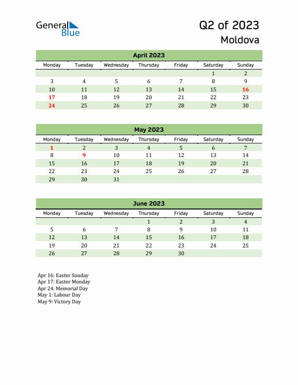 Quarterly Calendar 2023 with Moldova Holidays