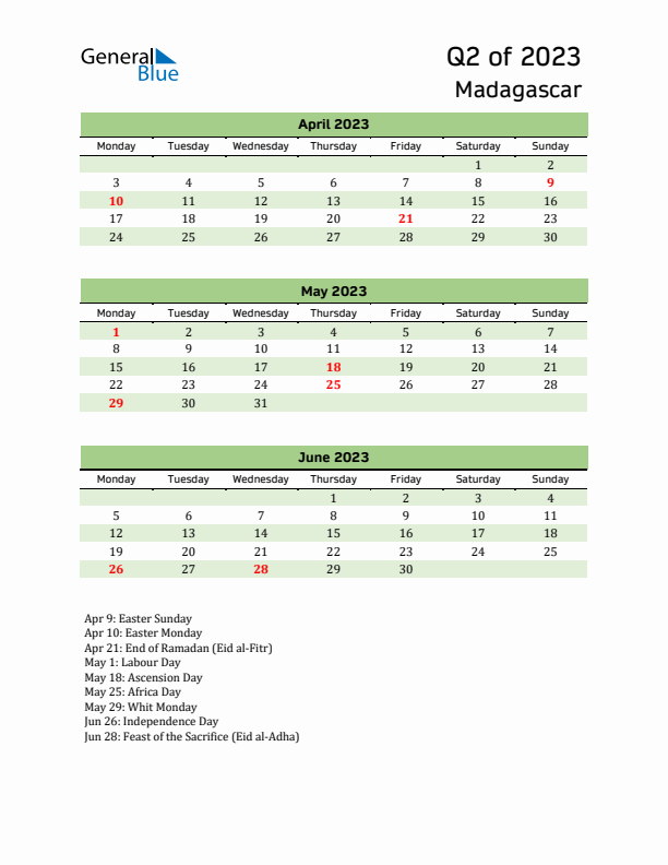 Quarterly Calendar 2023 with Madagascar Holidays