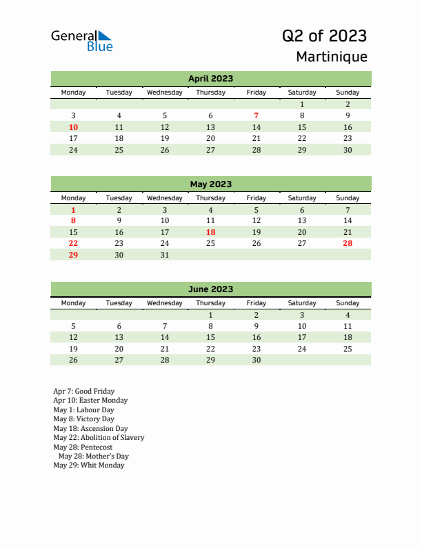 Quarterly Calendar 2023 with Martinique Holidays