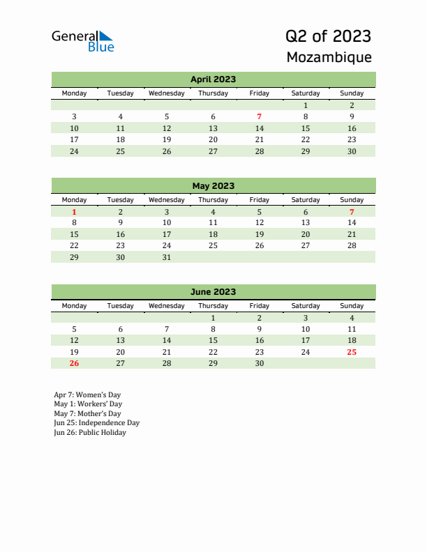 Quarterly Calendar 2023 with Mozambique Holidays