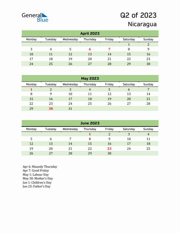 Quarterly Calendar 2023 with Nicaragua Holidays