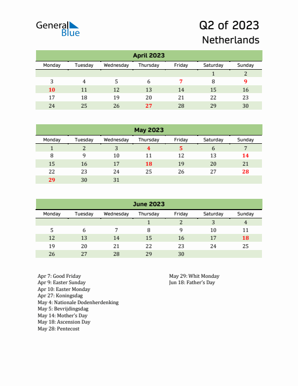 Quarterly Calendar 2023 with The Netherlands Holidays