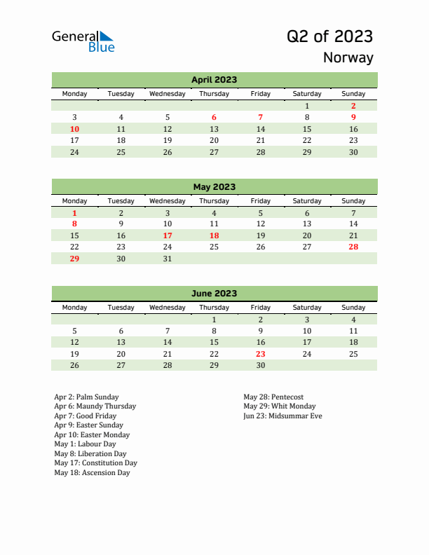 Quarterly Calendar 2023 with Norway Holidays