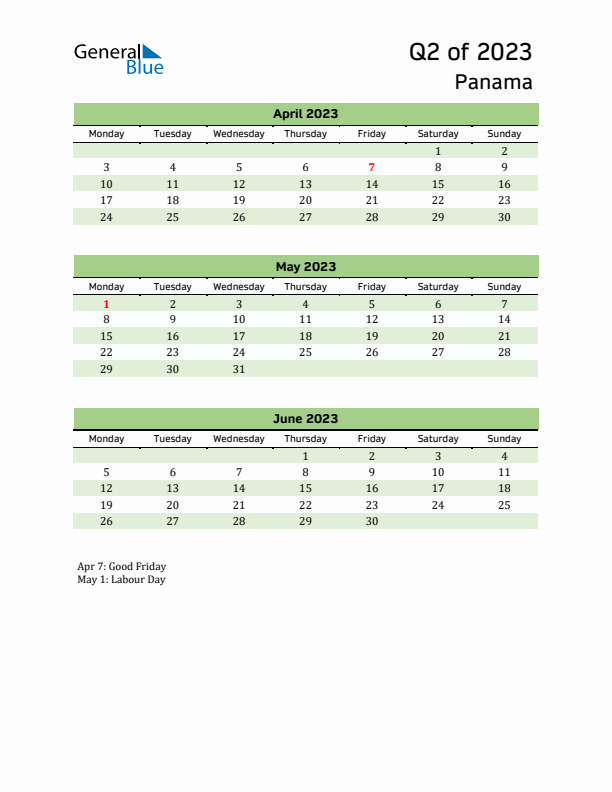 Quarterly Calendar 2023 with Panama Holidays