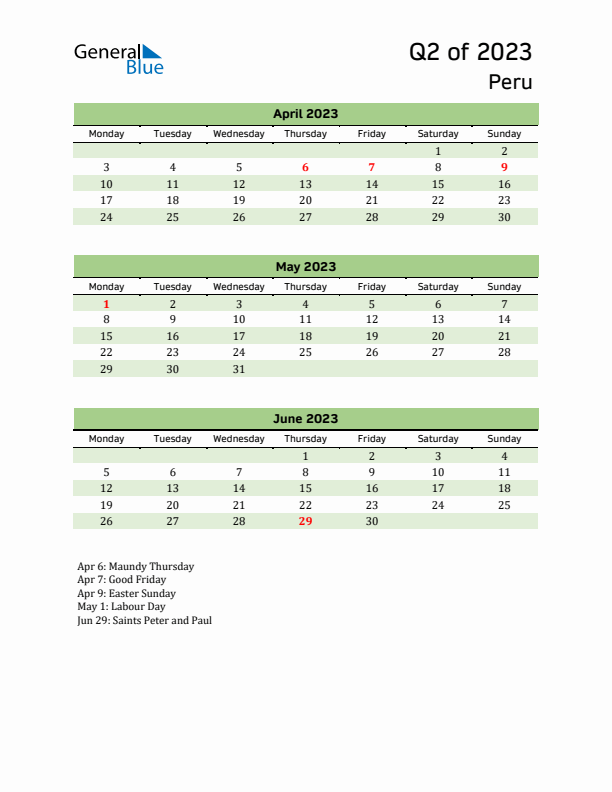 Quarterly Calendar 2023 with Peru Holidays