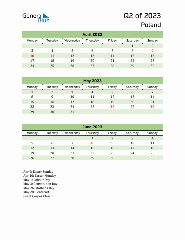 Quarterly Calendar 2023 with Poland Holidays