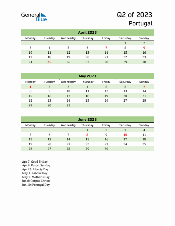 Quarterly Calendar 2023 with Portugal Holidays