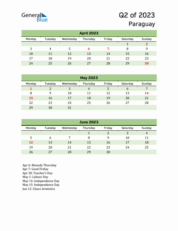 Quarterly Calendar 2023 with Paraguay Holidays