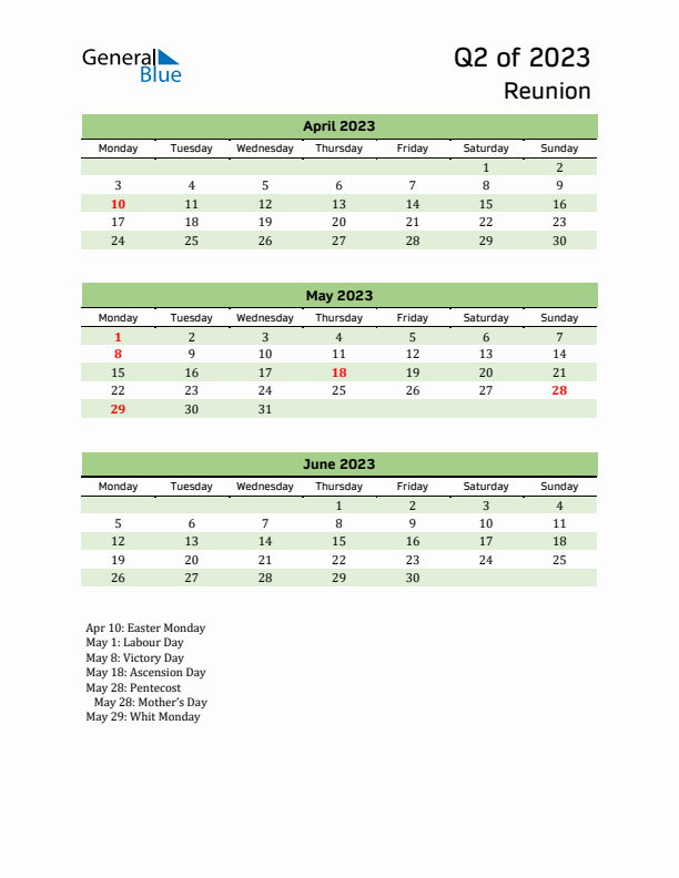 Quarterly Calendar 2023 with Reunion Holidays