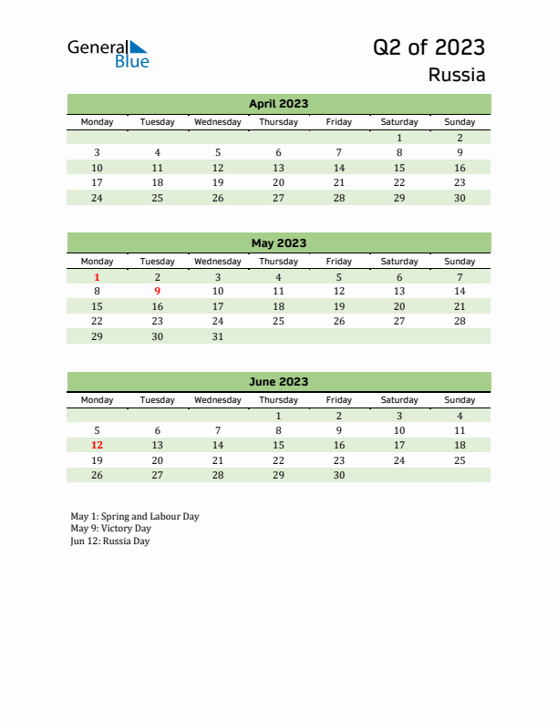 Quarterly Calendar 2023 with Russia Holidays