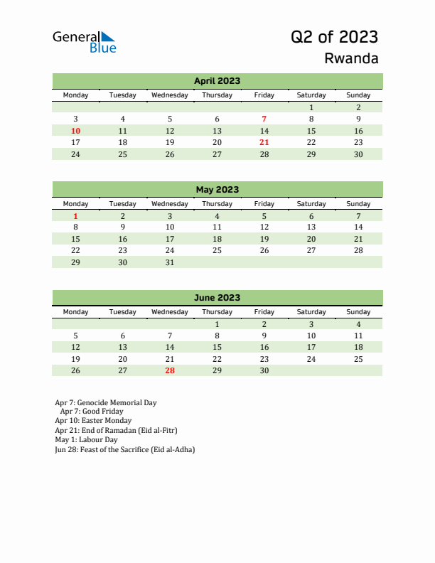 Quarterly Calendar 2023 with Rwanda Holidays