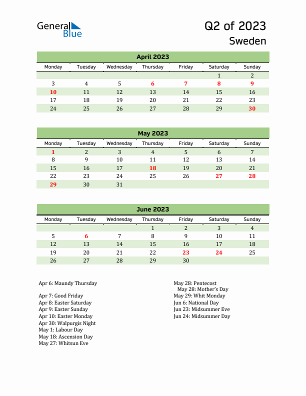 Quarterly Calendar 2023 with Sweden Holidays