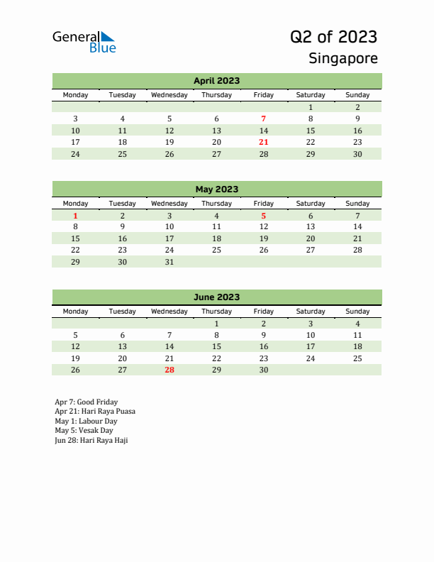 Quarterly Calendar 2023 with Singapore Holidays