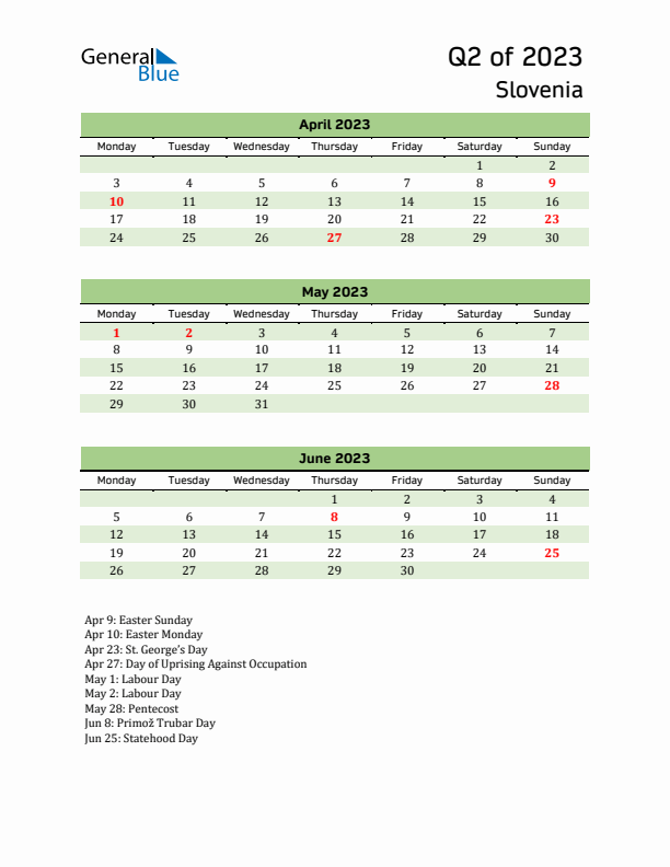 Quarterly Calendar 2023 with Slovenia Holidays