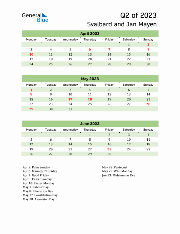 Quarterly Calendar 2023 with Svalbard and Jan Mayen Holidays