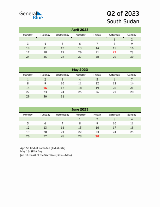 Quarterly Calendar 2023 with South Sudan Holidays