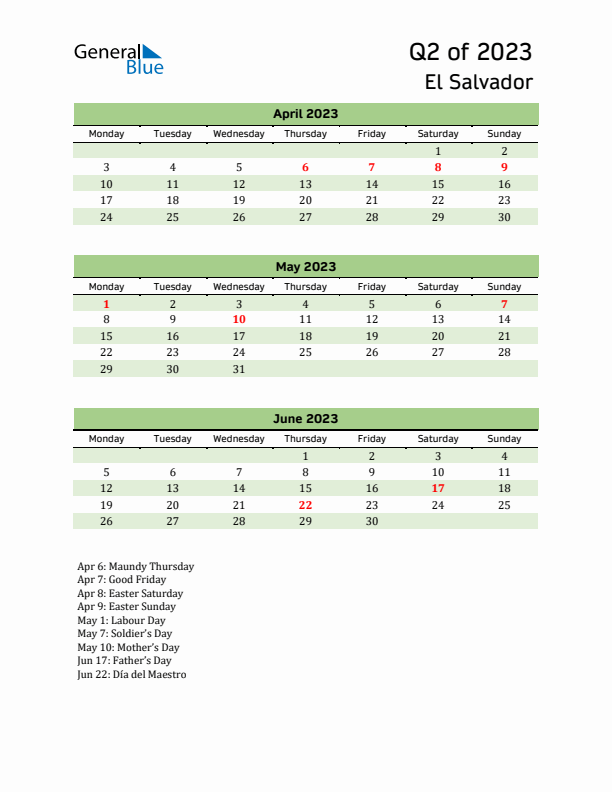 Quarterly Calendar 2023 with El Salvador Holidays