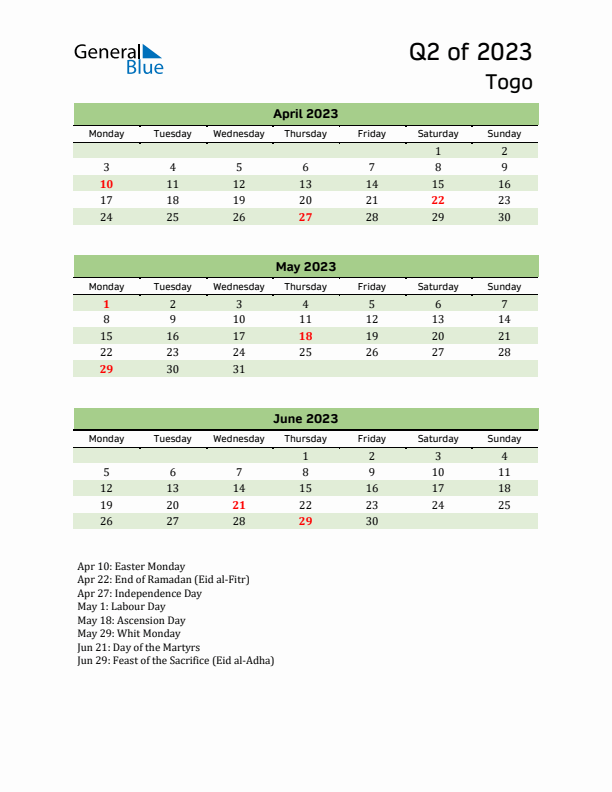 Quarterly Calendar 2023 with Togo Holidays