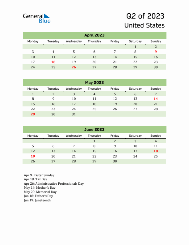 Quarterly Calendar 2023 with United States Holidays