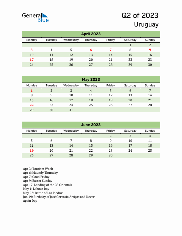 Quarterly Calendar 2023 with Uruguay Holidays