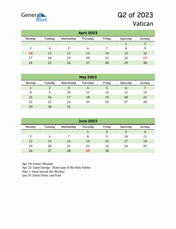 Quarterly Calendar 2023 with Vatican Holidays