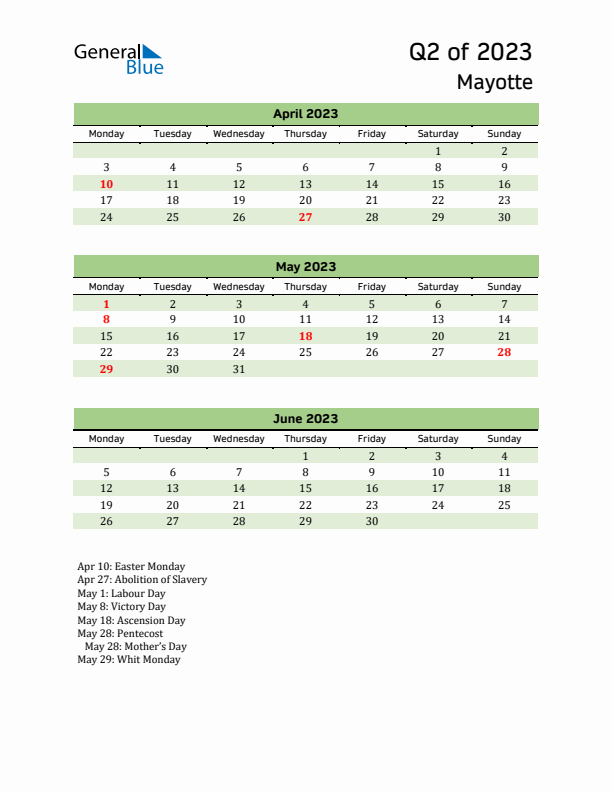 Quarterly Calendar 2023 with Mayotte Holidays