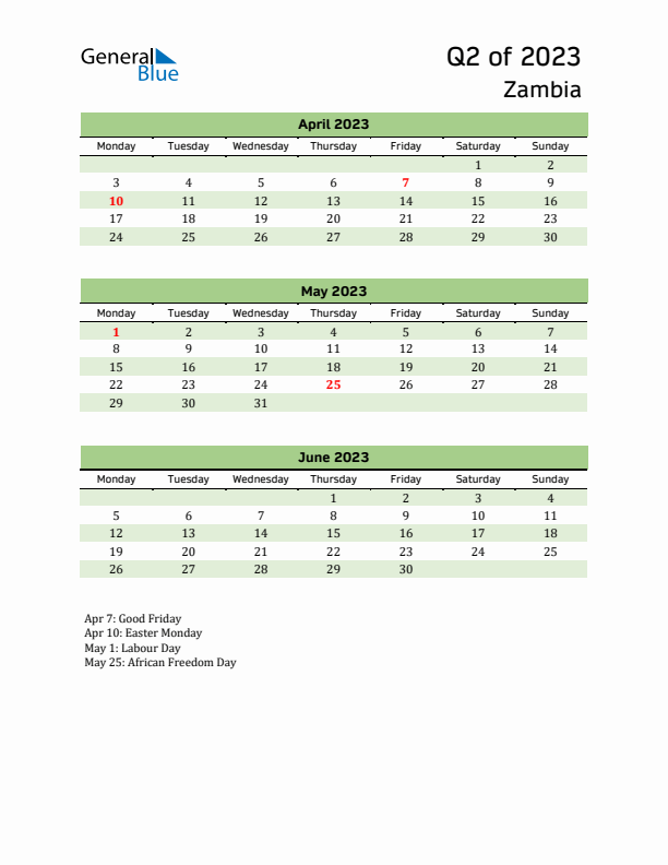 Quarterly Calendar 2023 with Zambia Holidays