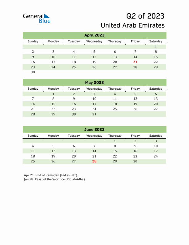 Quarterly Calendar 2023 with United Arab Emirates Holidays