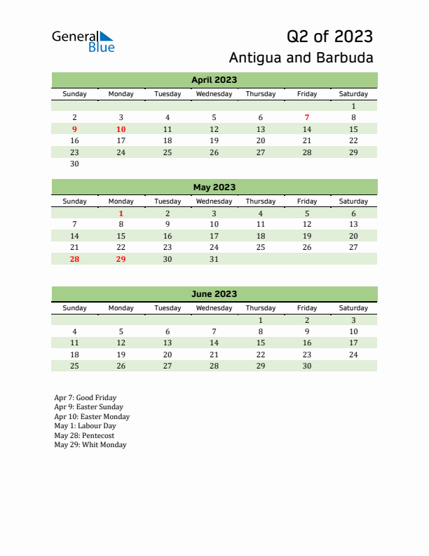 Quarterly Calendar 2023 with Antigua and Barbuda Holidays