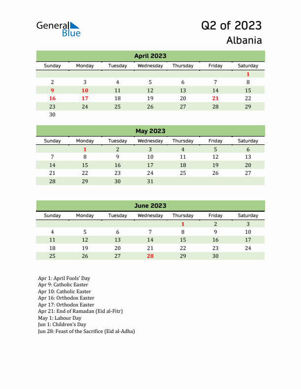 Quarterly Calendar 2023 with Albania Holidays