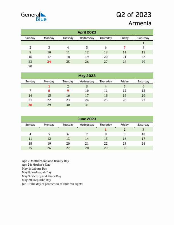 Quarterly Calendar 2023 with Armenia Holidays