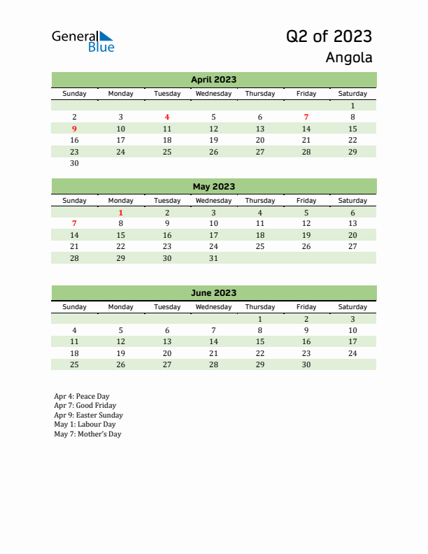 Quarterly Calendar 2023 with Angola Holidays