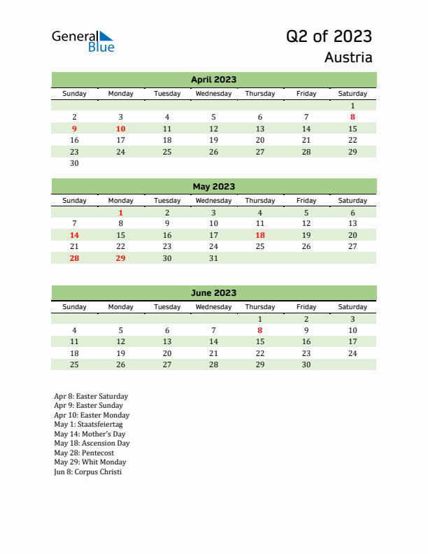 Quarterly Calendar 2023 with Austria Holidays