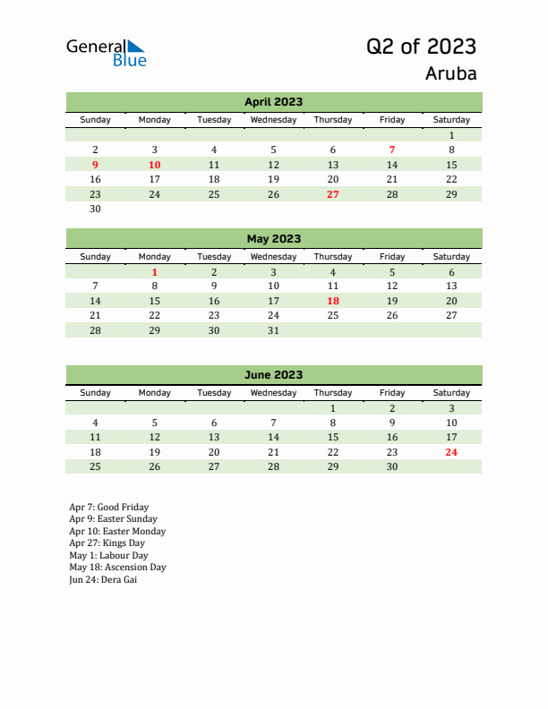 Quarterly Calendar 2023 with Aruba Holidays