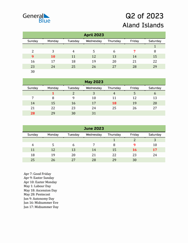 Quarterly Calendar 2023 with Aland Islands Holidays