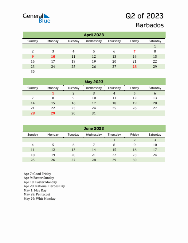 Quarterly Calendar 2023 with Barbados Holidays