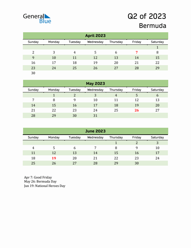 Quarterly Calendar 2023 with Bermuda Holidays