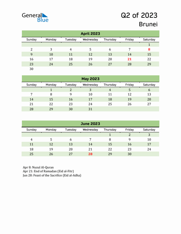 Quarterly Calendar 2023 with Brunei Holidays