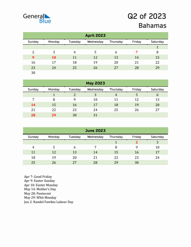 Quarterly Calendar 2023 with Bahamas Holidays