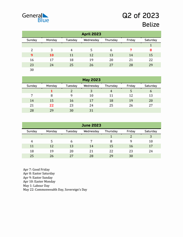 Quarterly Calendar 2023 with Belize Holidays