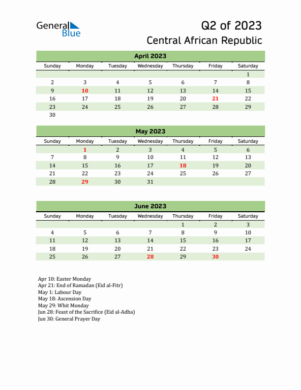 Quarterly Calendar 2023 with Central African Republic Holidays