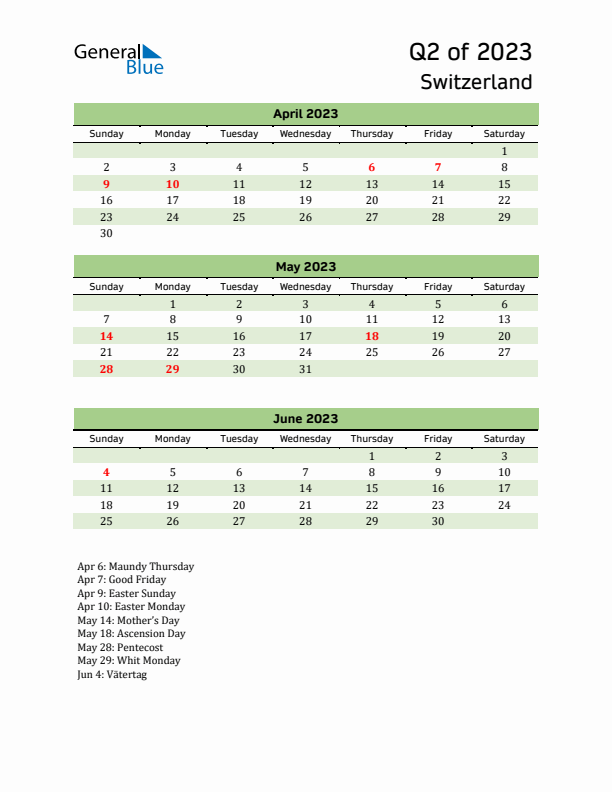 Quarterly Calendar 2023 with Switzerland Holidays