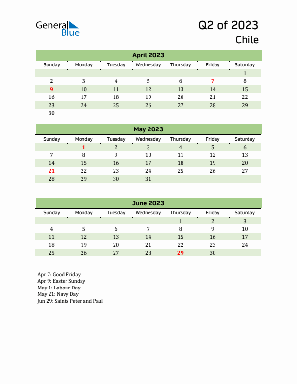 Quarterly Calendar 2023 with Chile Holidays