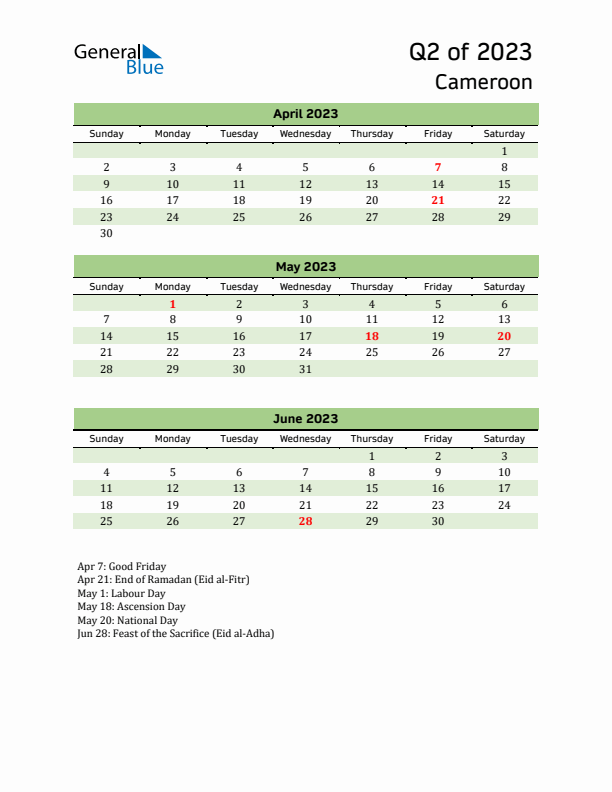 Quarterly Calendar 2023 with Cameroon Holidays