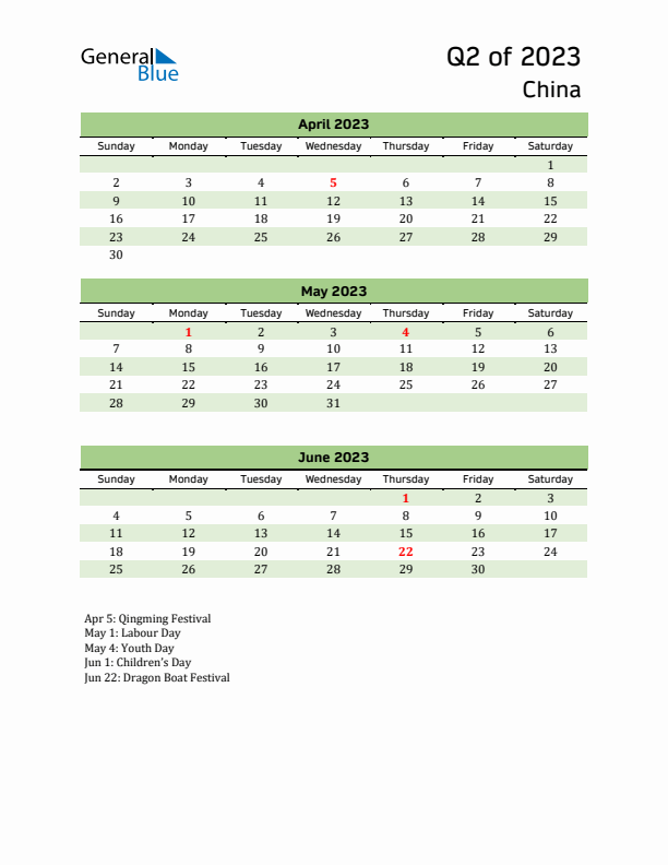 Quarterly Calendar 2023 with China Holidays