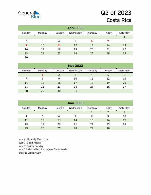 Quarterly Calendar 2023 with Costa Rica Holidays