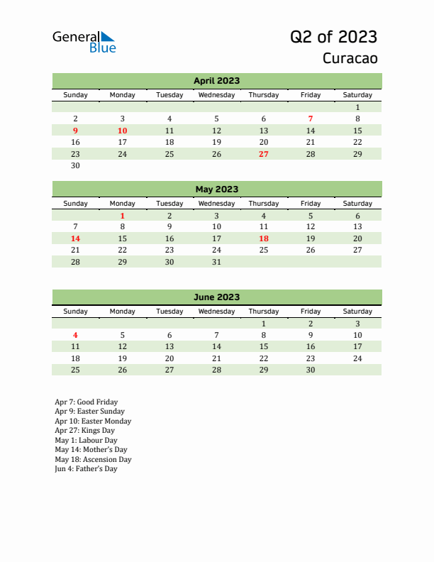 Quarterly Calendar 2023 with Curacao Holidays